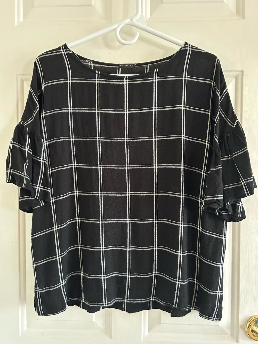 Windowpane Ruffle Sleeve Blouse - Black